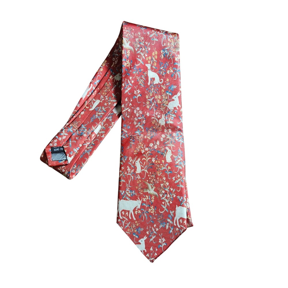 Fox & Chave Silk Cluny Tapestry Red Tie Artsy England Classical Quiet Luxury